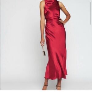 Reformation Casette Midi Silk Dress Ruby Red Wine